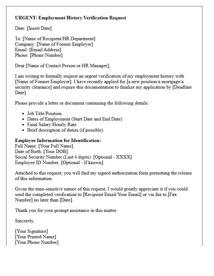 Urgent Request Employment History Verification Letter