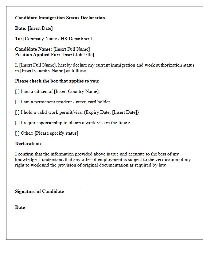 Candidate Immigration Status Declaration Letter