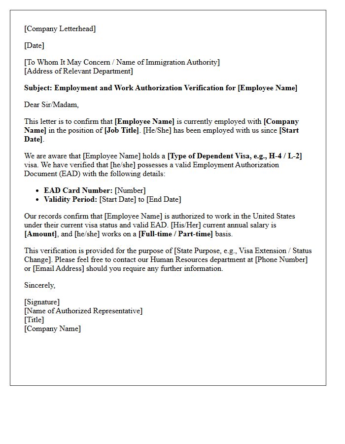 Dependent Visa Work Status Verification Letter
