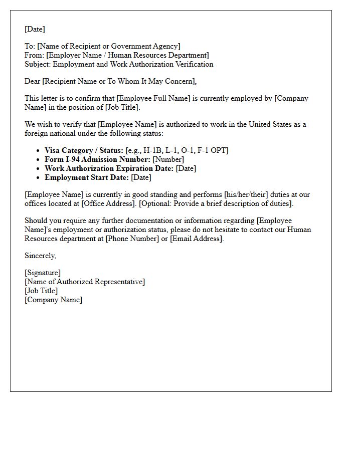 Foreign National Work Authorization Letter