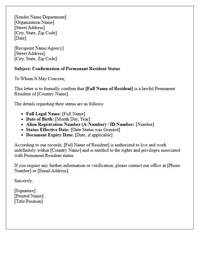 Permanent Resident Status Confirmation Letter
