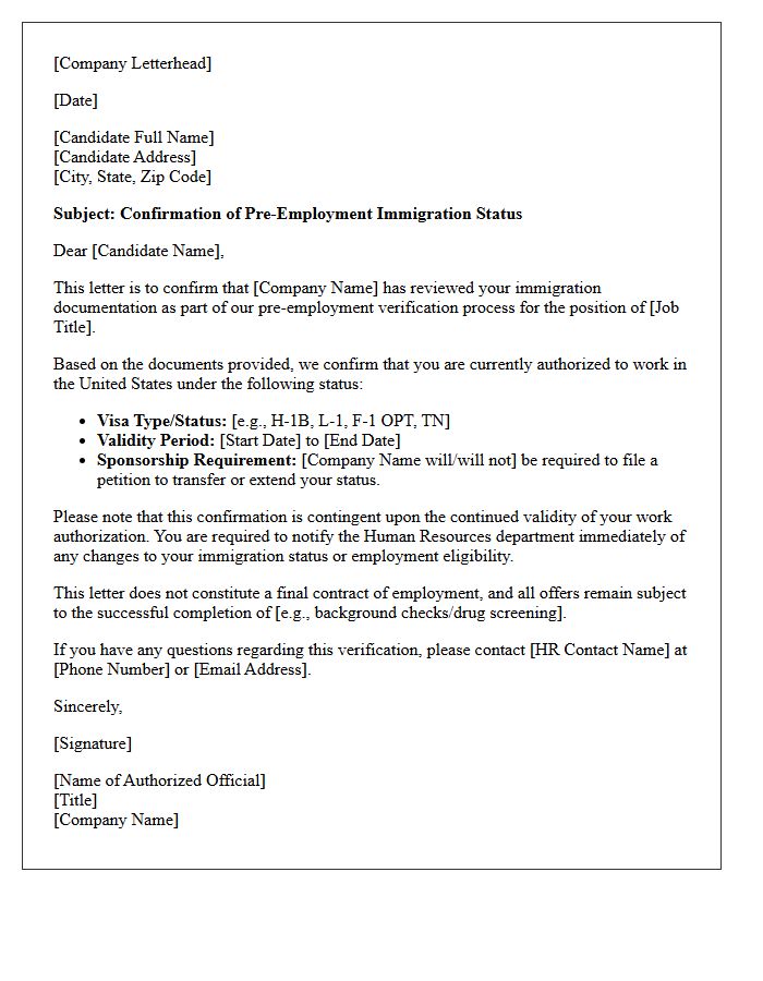 Pre-Employment Immigration Confirmation Letter