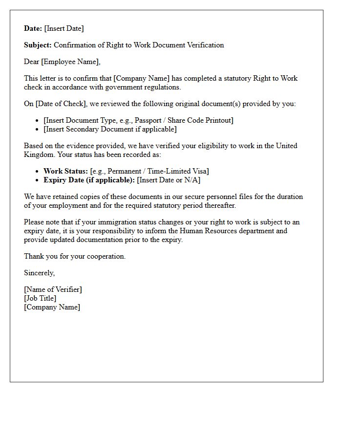 Right to Work Document Verification Letter