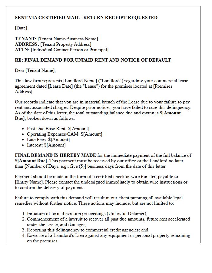 Attorney-Drafted Final Demand Letter for Past Due Commercial Rent