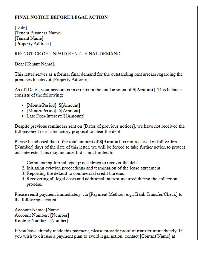 Business Tenant Rent Arrears Final Collection Letter