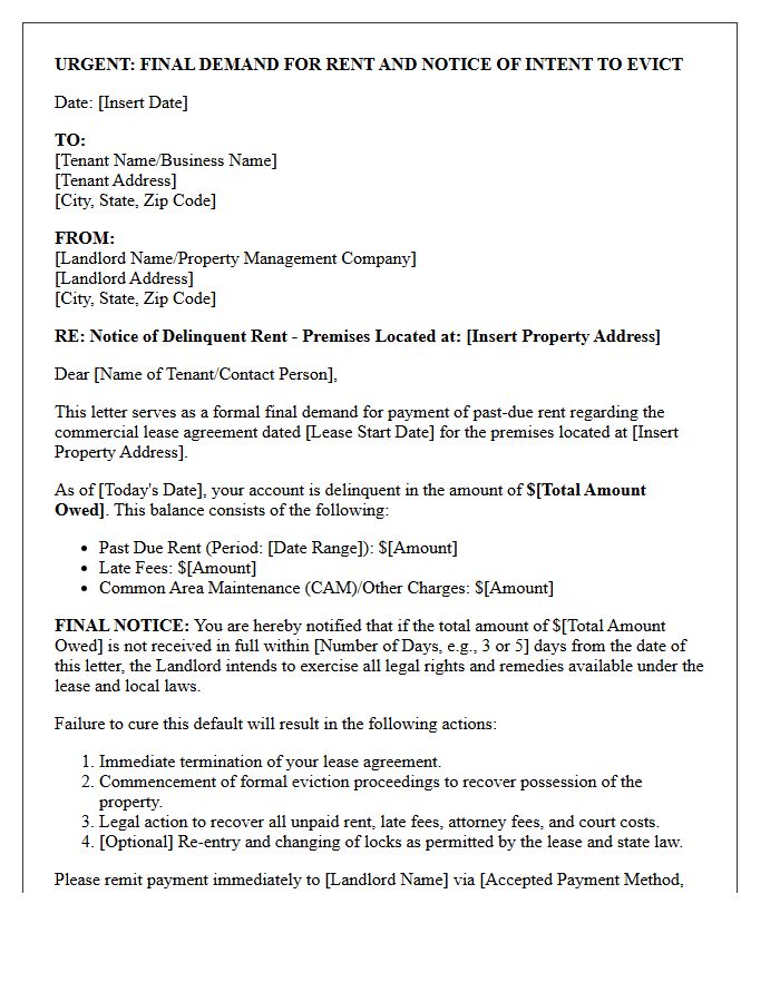 Commercial Eviction Warning and Final Rent Demand Letter