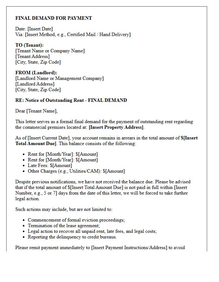 Commercial Landlord Final Demand Letter for Outstanding Rent
