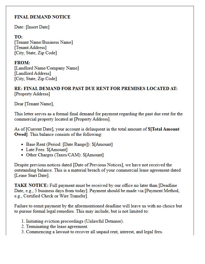 Final Demand Letter for Past Due Commercial Rent