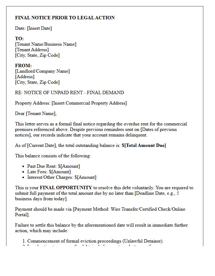 Final Notice Debt Collection Letter for Commercial Property Rent