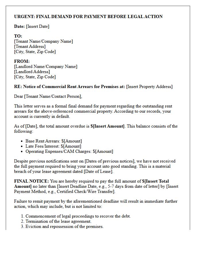 Pre-Litigation Final Demand Letter for Commercial Rent Arrears
