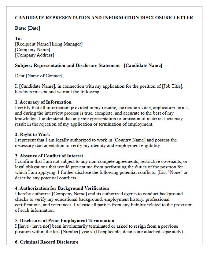 Candidate Representation and Information Disclosure Letter