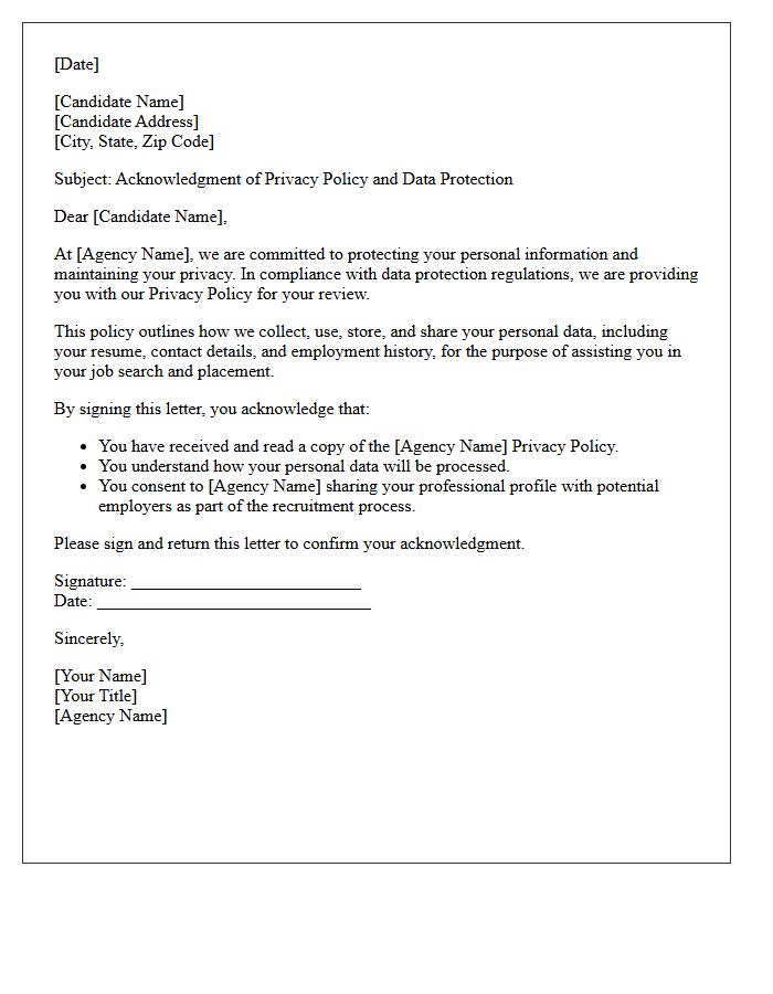 Employment Agency Privacy Policy Acknowledgment Letter
