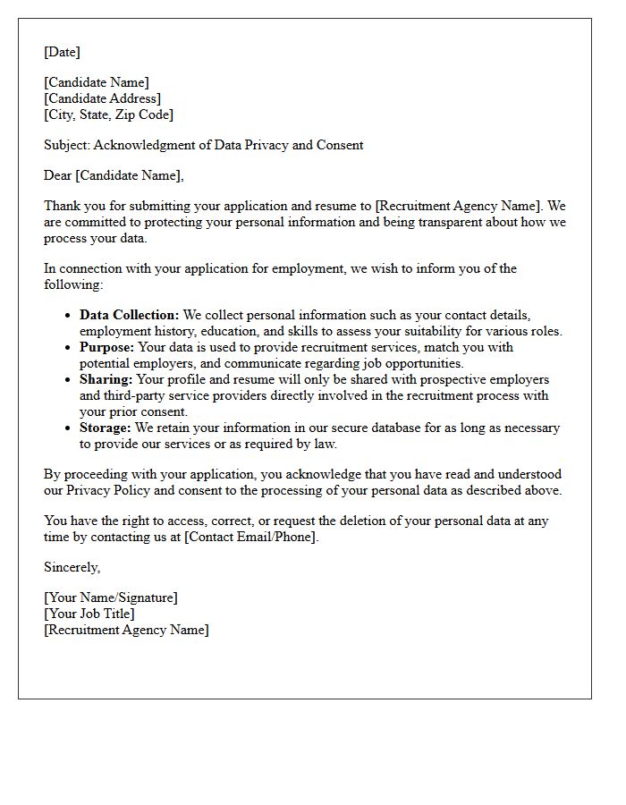 Recruitment Agency Candidate Privacy Acknowledgment Letter