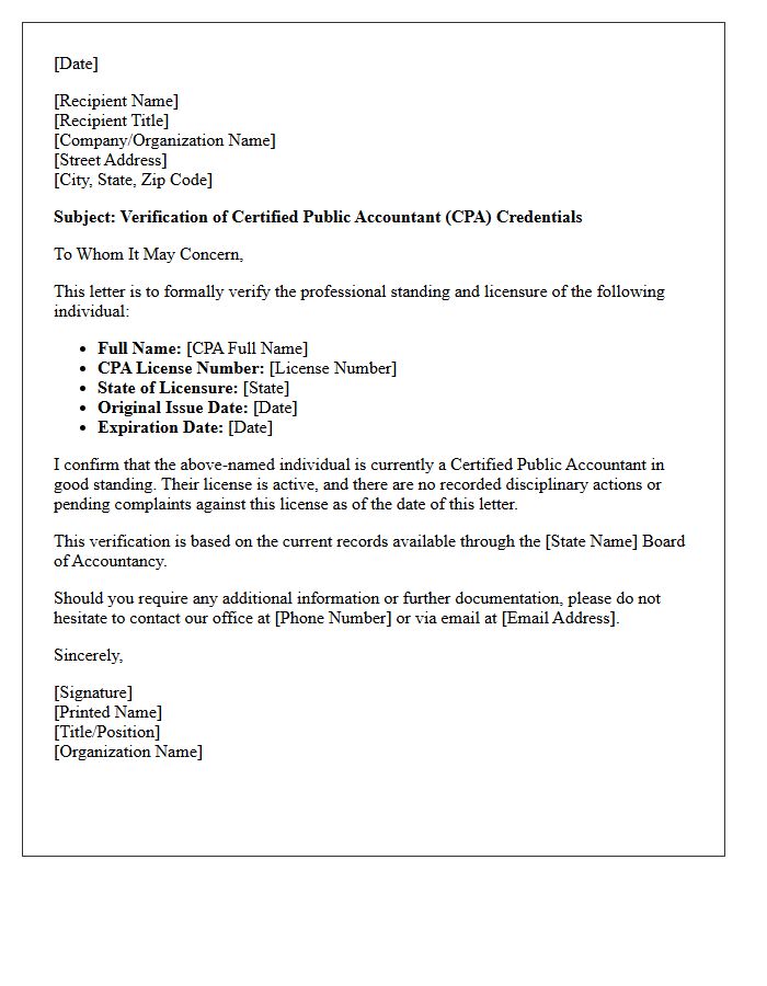Certified Public Accountant Credential Verification Letter