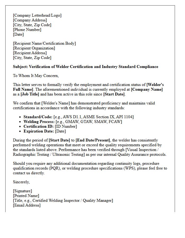 Certified Welder Industry Standard Verification Letter