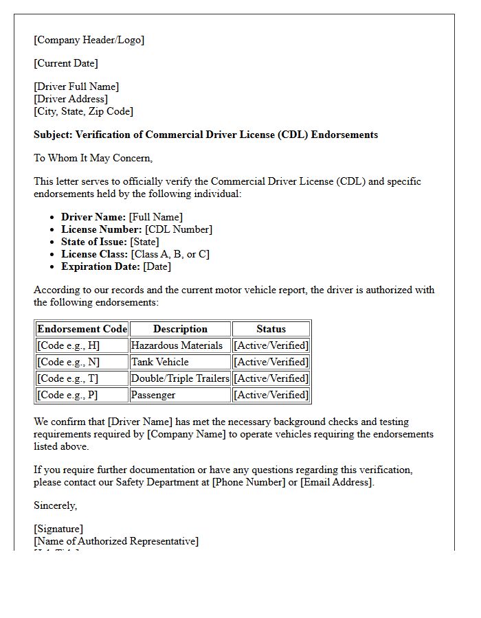 Commercial Driver License Endorsement Verification Letter