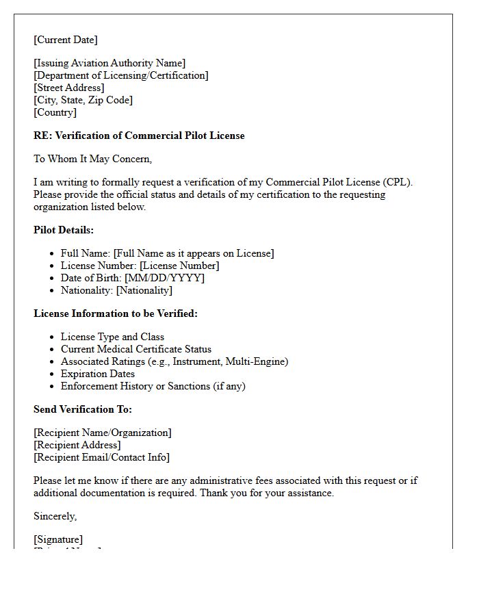 Commercial Pilot Aviation License Verification Letter