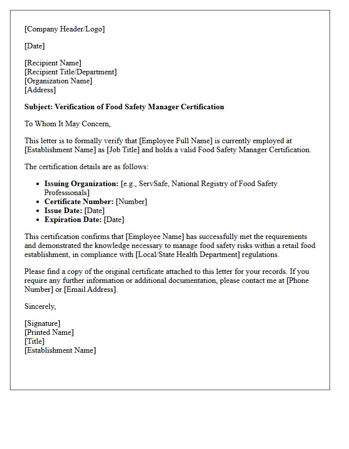 Food Safety Manager Certification Verification Letter