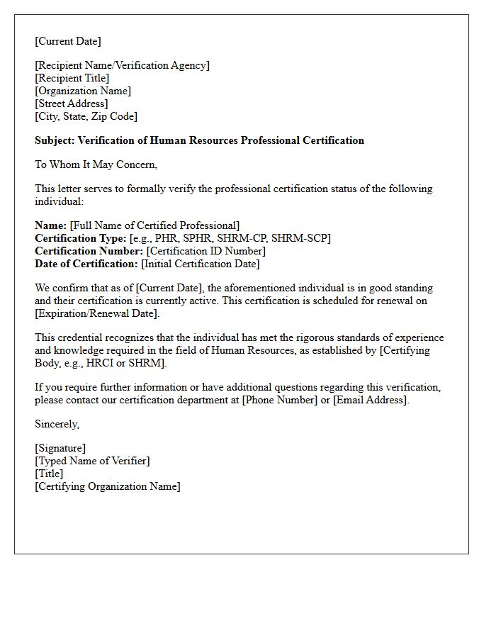 Human Resources Professional Certification Verification Letter