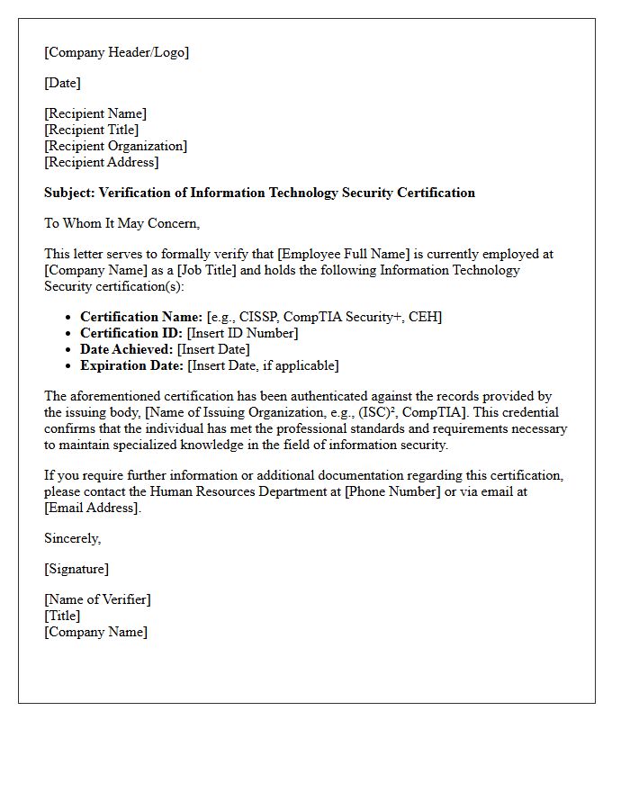 Information Technology Security Certification Verification Letter