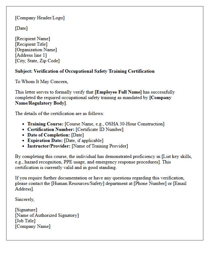 Occupational Safety Training Certification Verification Letter