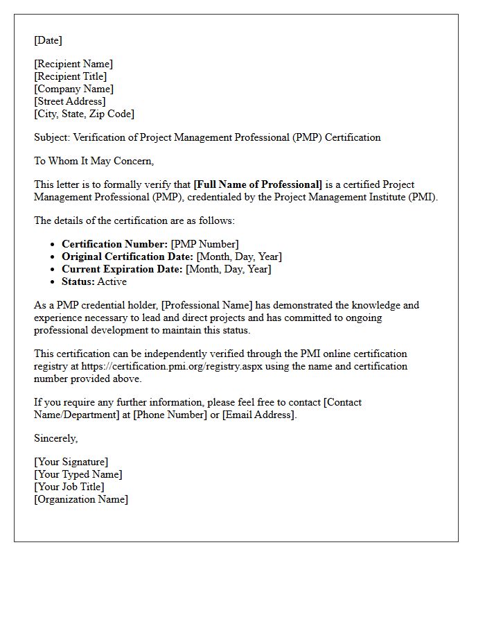 Project Management Professional Certification Verification Letter