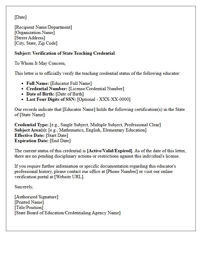 State Board Teaching Credential Verification Letter