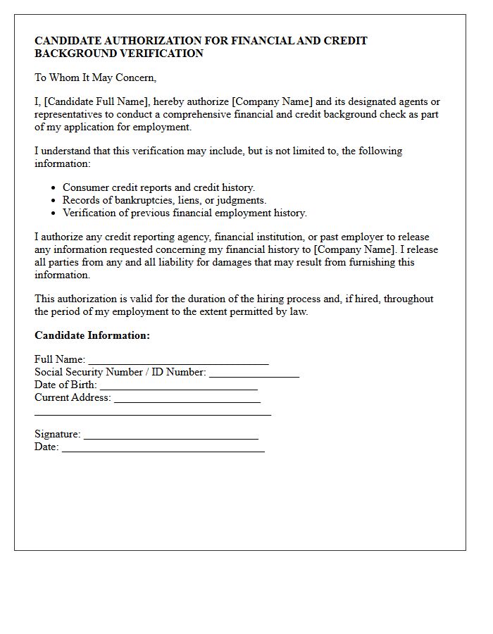 Candidate Authorization Letter For Financial And Credit Background Verification