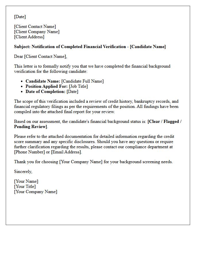 Client Notification Letter For Completed Candidate Financial Verification