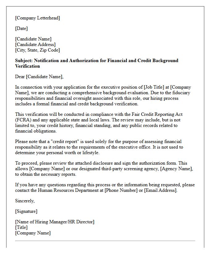 Executive Candidate Financial And Credit Background Verification Letter