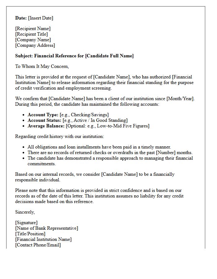Financial Institution Reference Letter For Candidate Credit Verification