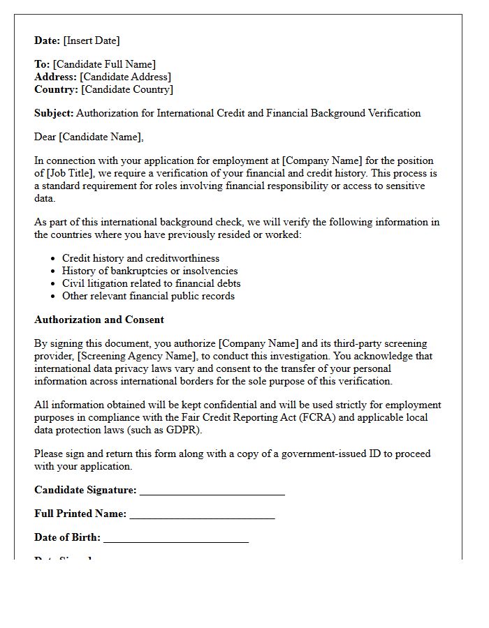 International Candidate Credit And Financial Background Verification Letter