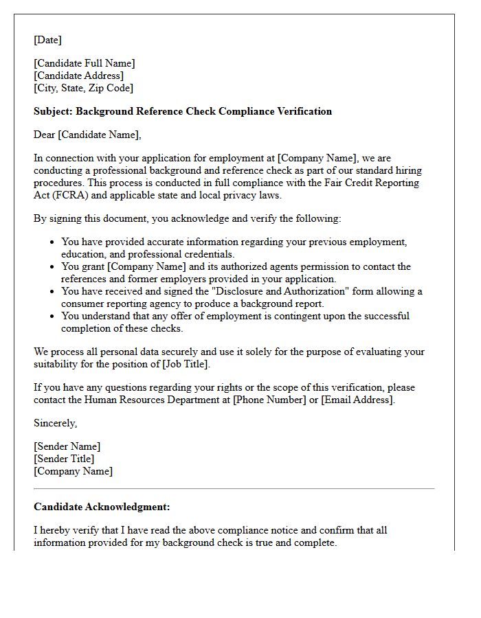 Candidate Background Reference Check Compliance Verification Letter