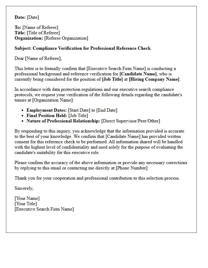 Executive Search Reference Check Compliance Verification Letter