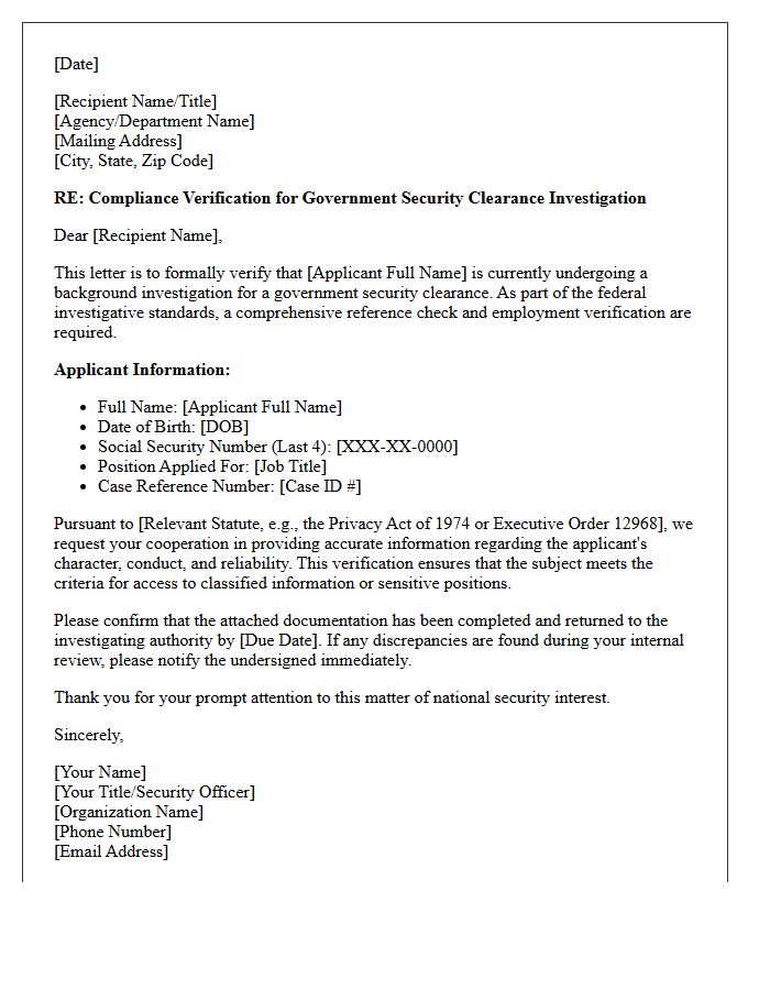 Government Clearance Reference Check Compliance Verification Letter