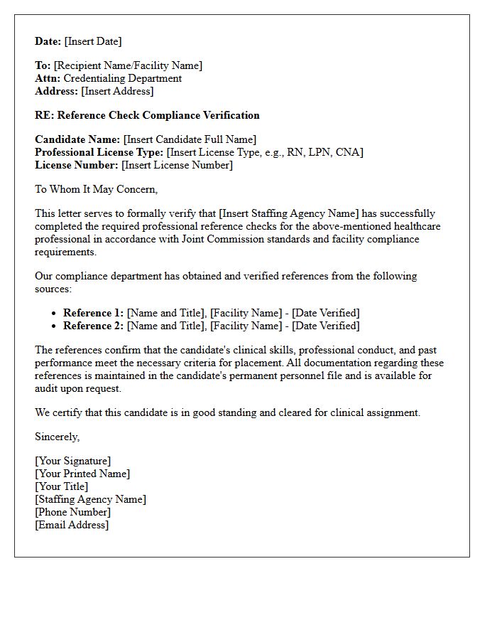 Healthcare Staffing Reference Check Compliance Verification Letter