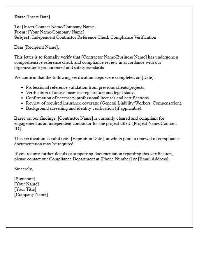 Independent Contractor Reference Check Compliance Verification Letter