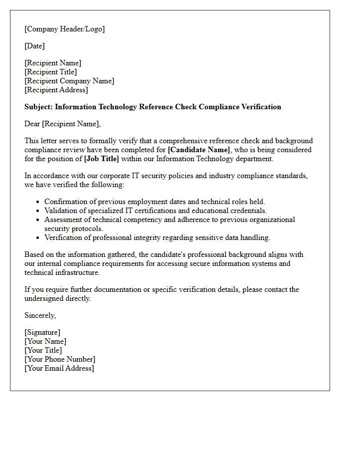 Information Technology Reference Check Compliance Verification Letter