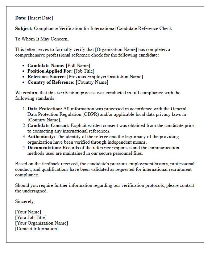 International Candidate Reference Check Compliance Verification Letter