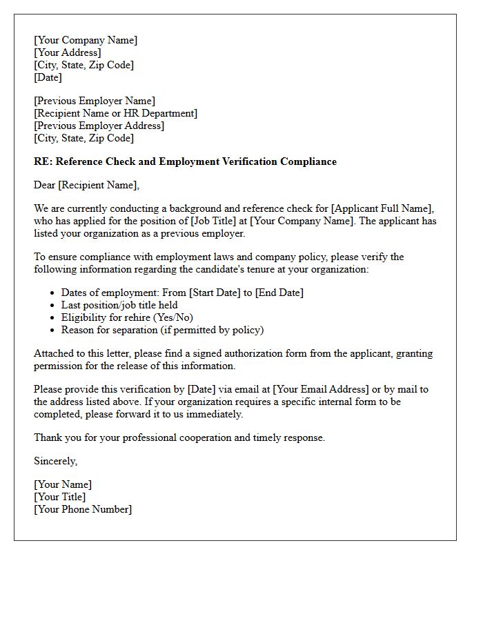 Previous Employer Reference Check Compliance Verification Letter