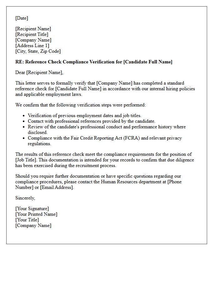 Standard Reference Check Compliance Verification Letter