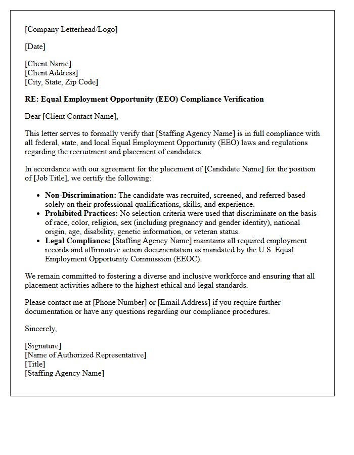 Candidate Placement Equal Employment Opportunity Compliance Verification Letter