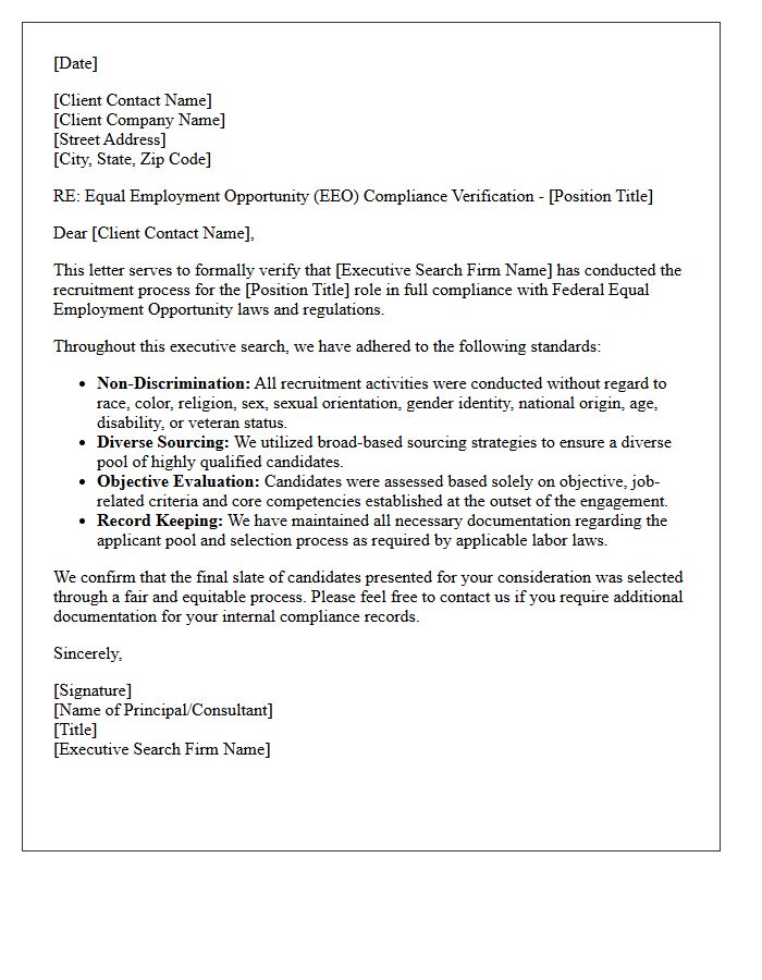 Executive Search Equal Employment Opportunity Compliance Verification Letter