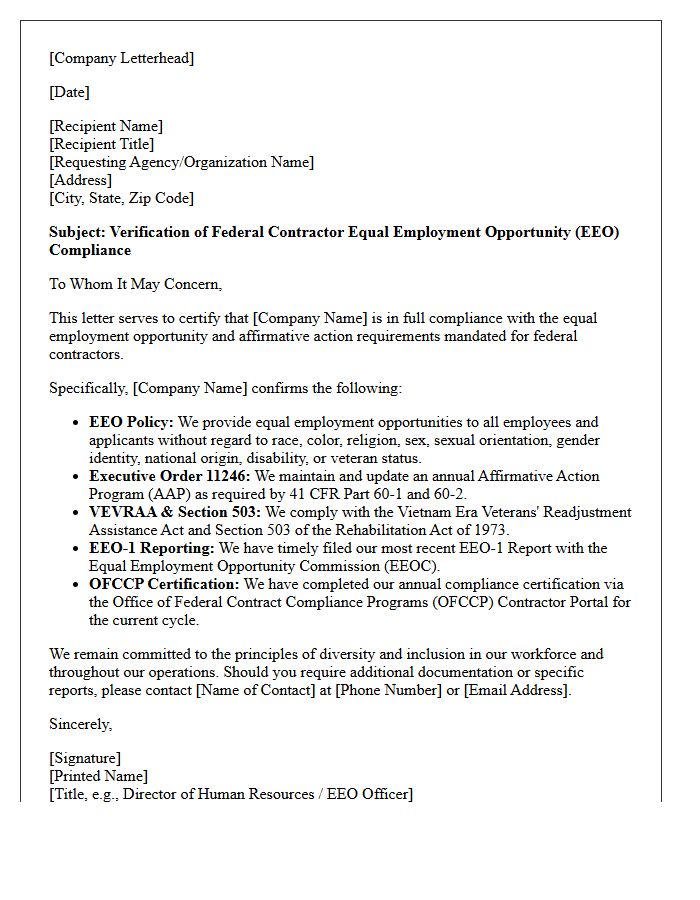 Federal Contractor Equal Employment Opportunity Compliance Verification Letter