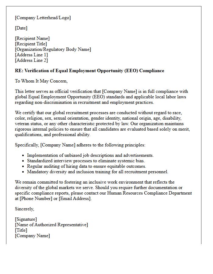Global Recruitment Equal Employment Opportunity Compliance Verification Letter