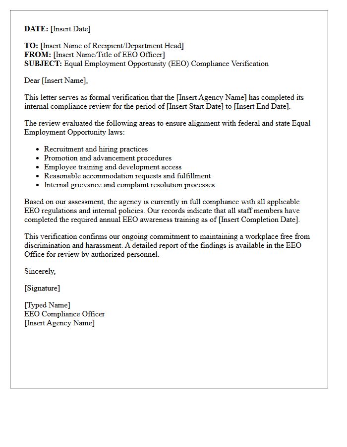 Internal Agency Staff Equal Employment Opportunity Compliance Verification Letter