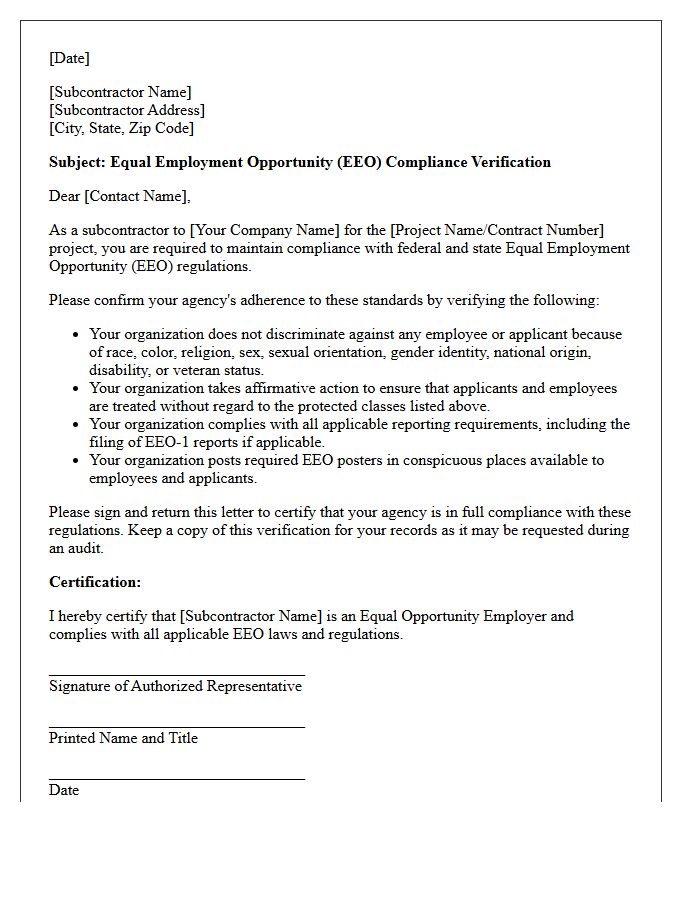Subcontractor Agency Equal Employment Opportunity Compliance Verification Letter