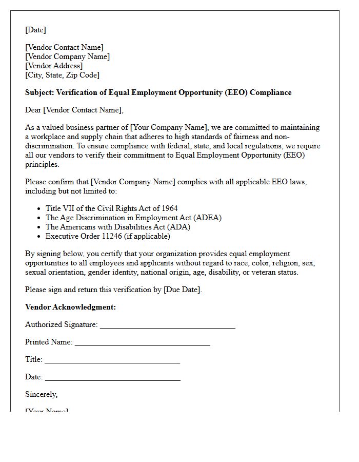 Third-Party Vendor Equal Employment Opportunity Compliance Verification Letter