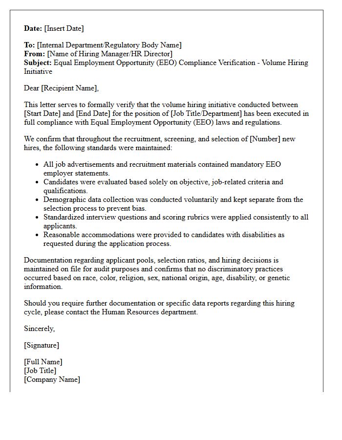 Volume Hiring Equal Employment Opportunity Compliance Verification Letter