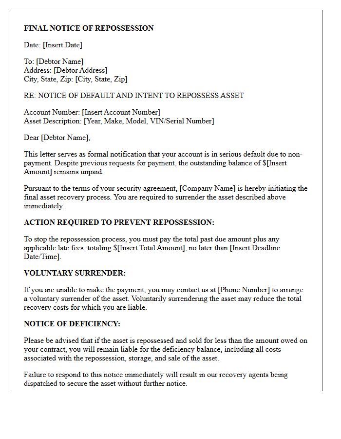 Asset Recovery and Final Repossession Notice Letter